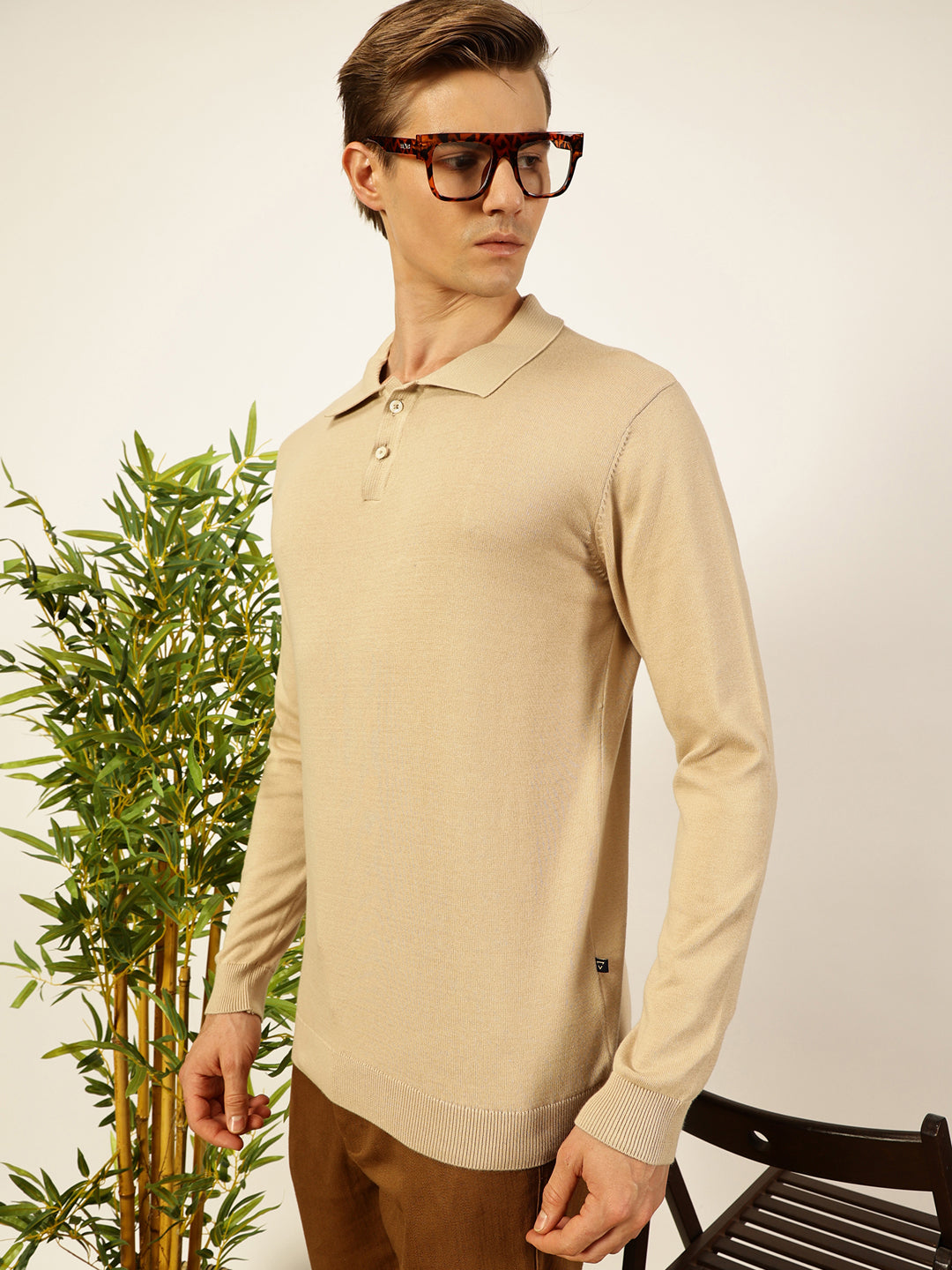 Thomas Scott Men Beige Knit Solid Polo Collar Cotton T-shirt