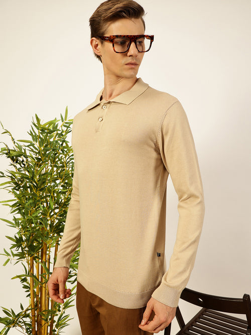 Thomas Scott Men Beige Knit Solid Polo Collar Cotton T-shirt