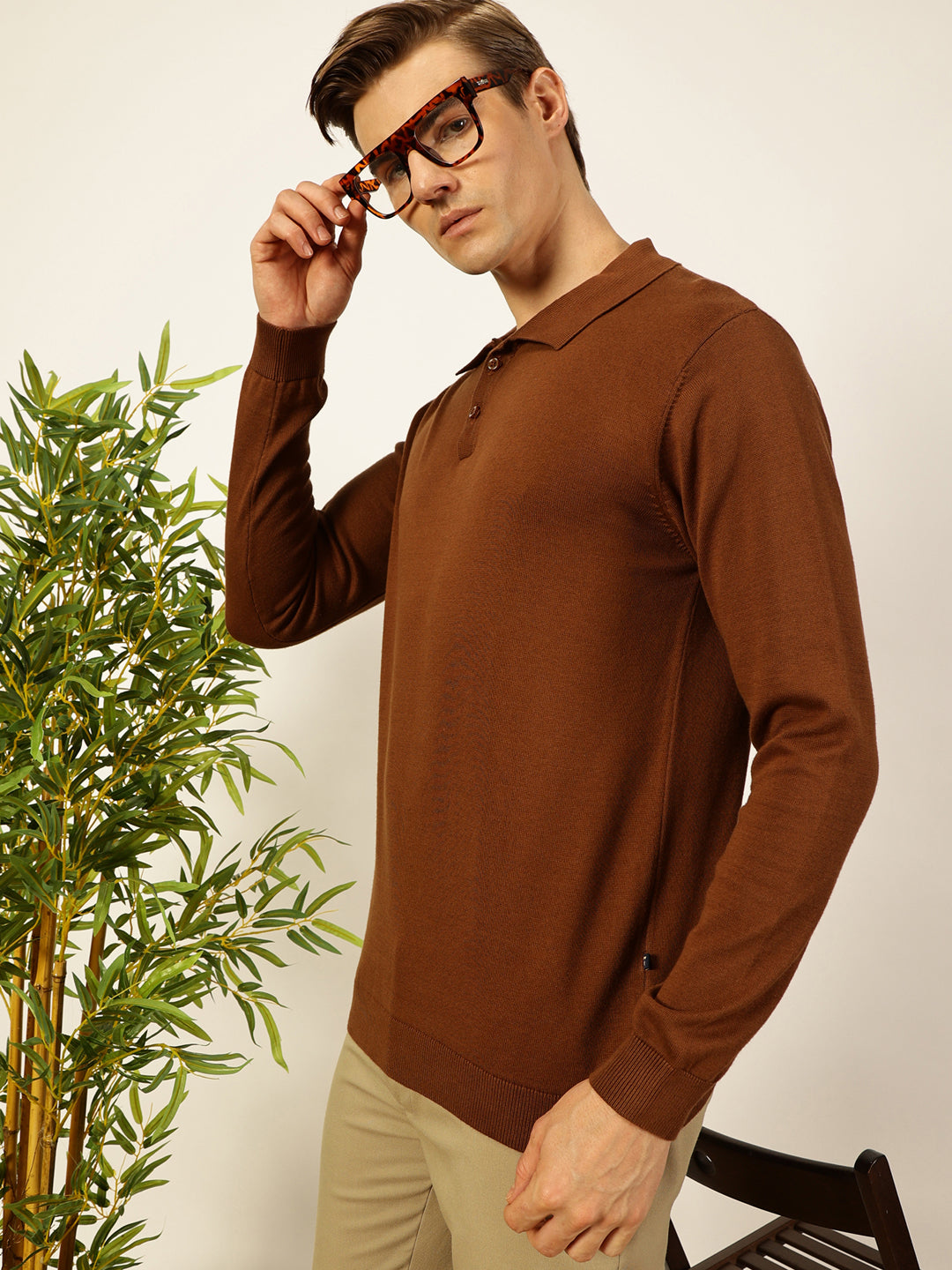 Thomas Scott Men Brown Knit Solid Polo Collar Cotton T-shirt