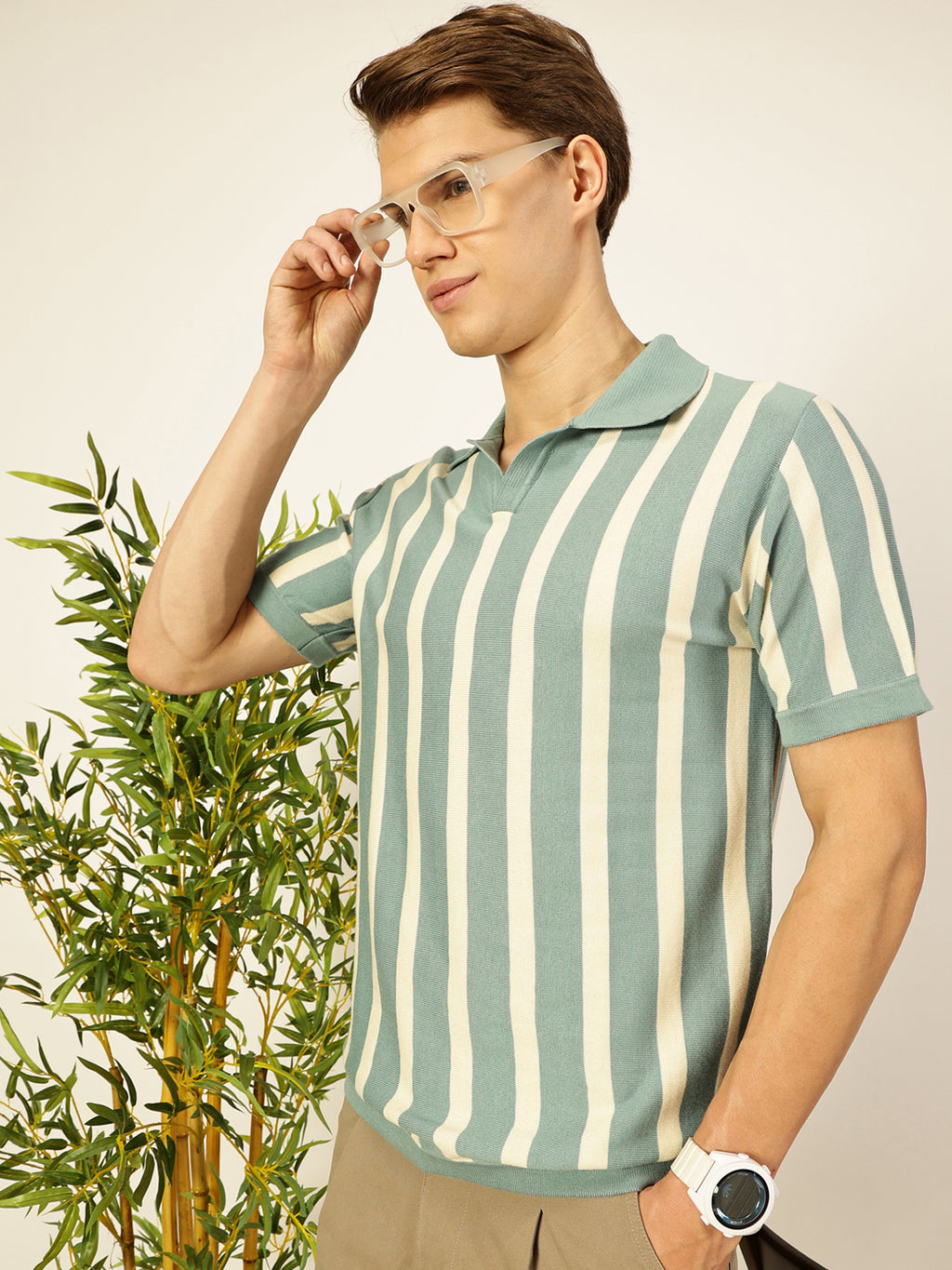 Thomas Scott Men Teal Bio Finish Striped Polo Collar Cotton T-shirt
