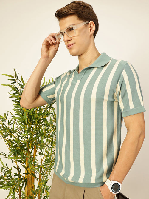 Thomas Scott Men Teal Bio Finish Striped Polo Collar Cotton T-shirt