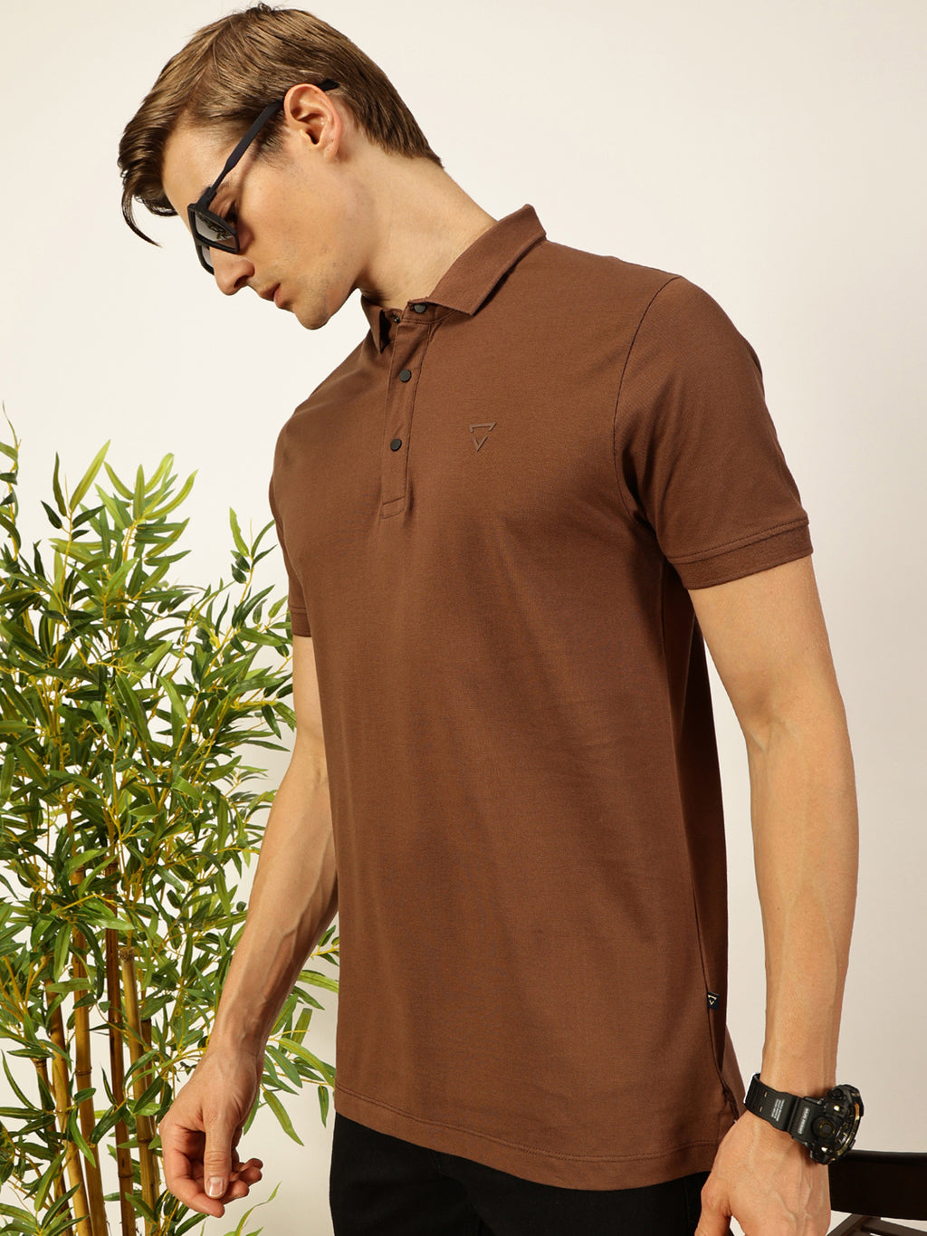 Thomas Scott Men Brown Solid Polo Collar Cotton T-shirt