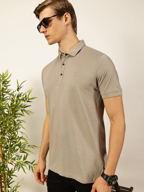 Thomas Scott Men Grey Solid Polo Collar Cotton T-shirt