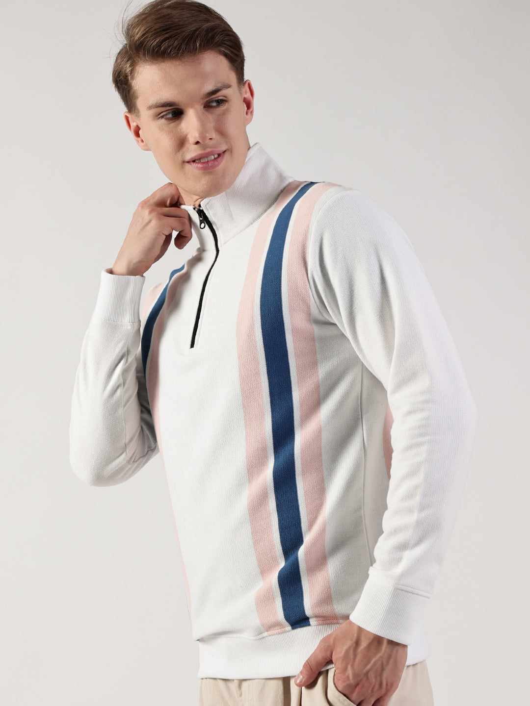 White Striped High Neck Tshirt For Men