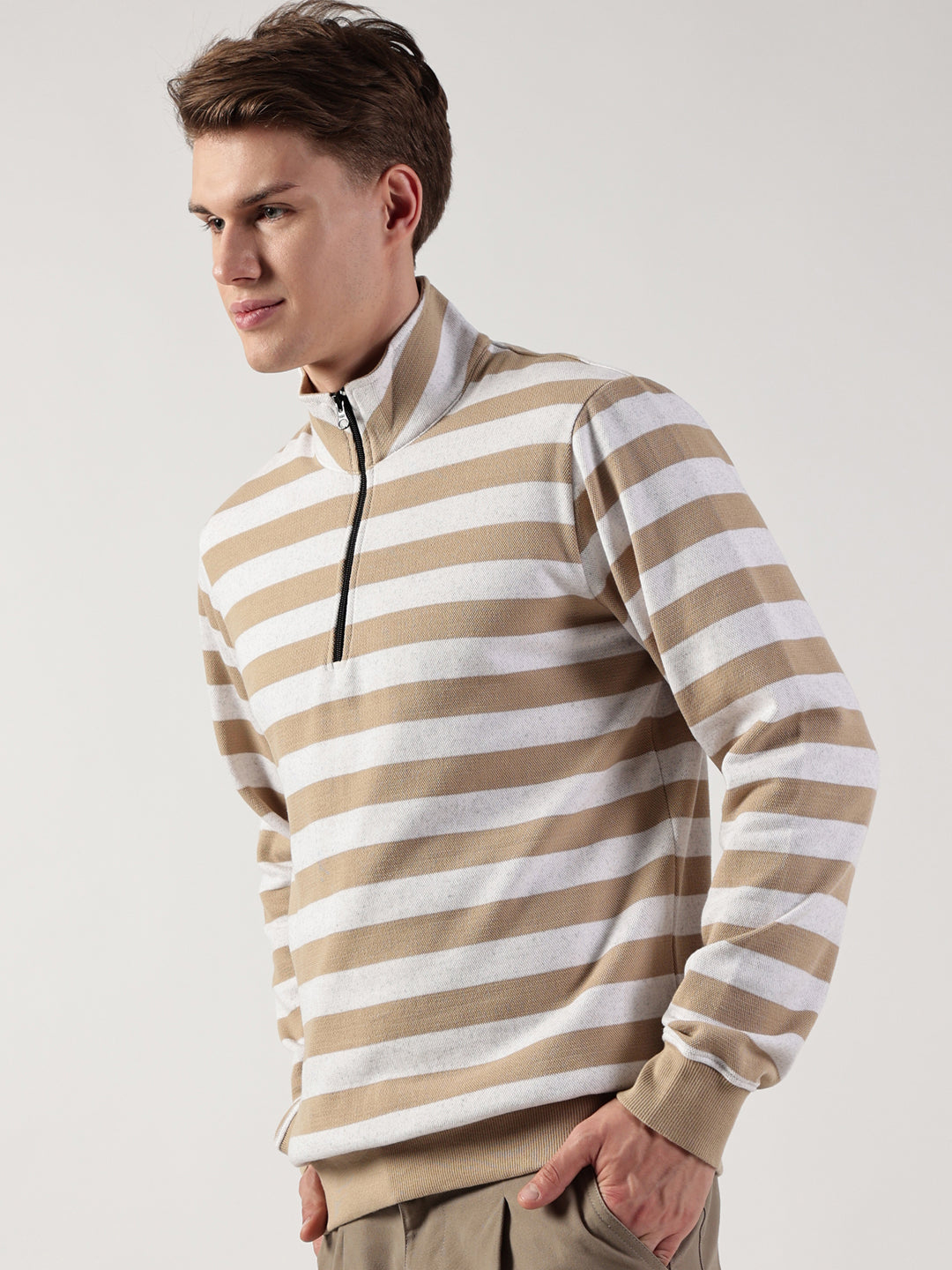 Beige Striped High Neck Tshirt For Men