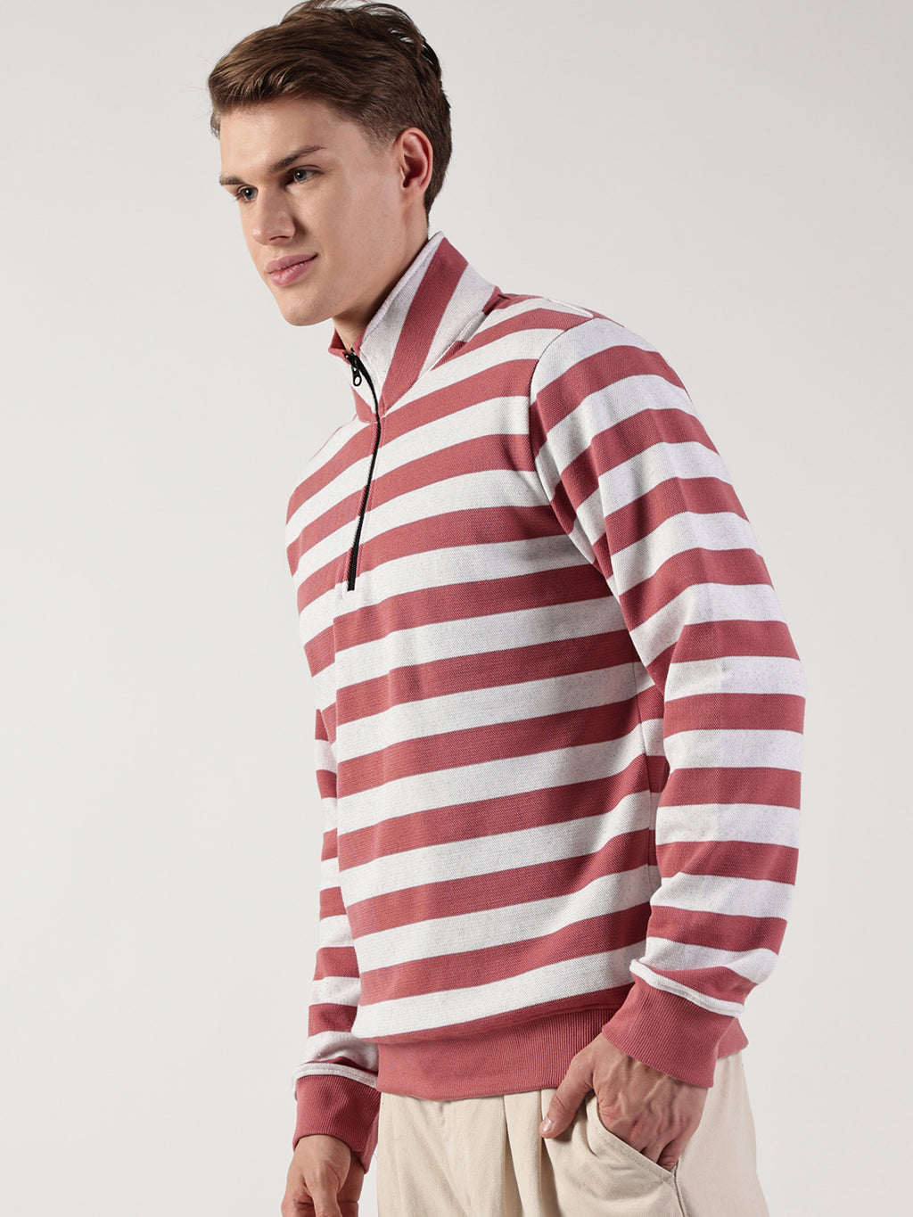 Pink Striped High Neck Tshirt For Men