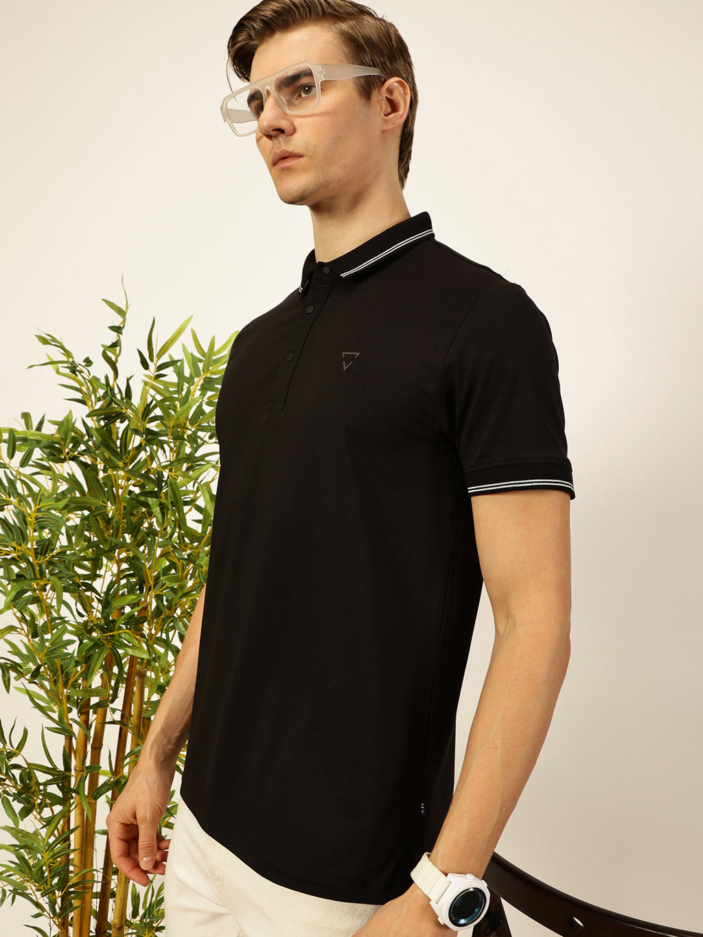 Thomas Scott Men Black Solid Polo Collar Cotton T-shirt