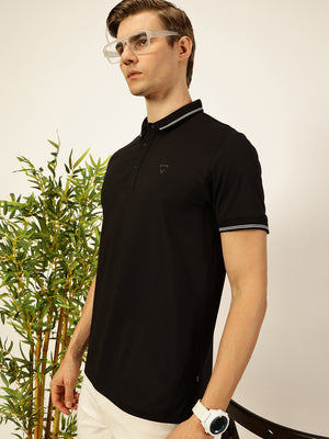 Thomas Scott Men Black Solid Polo Collar Cotton T-shirt