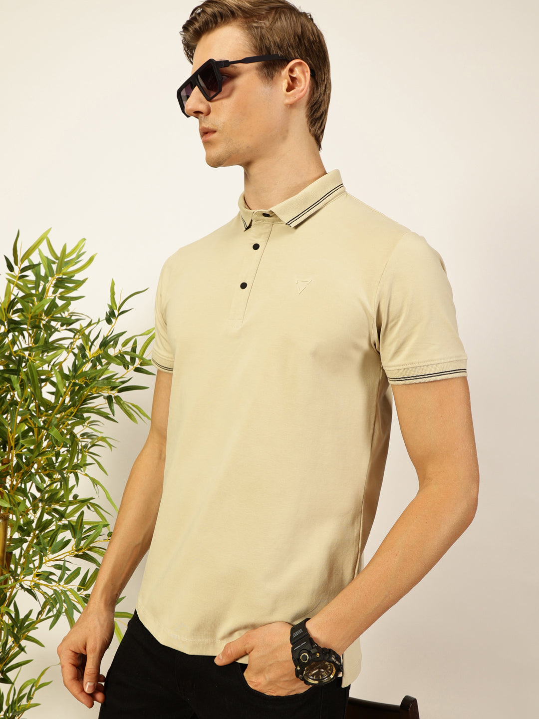 Thomas Scott Men Cream Solid Polo Collar Cotton T-shirt