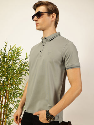 Thomas Scott Men Grey Solid Polo Collar Cotton T-shirt