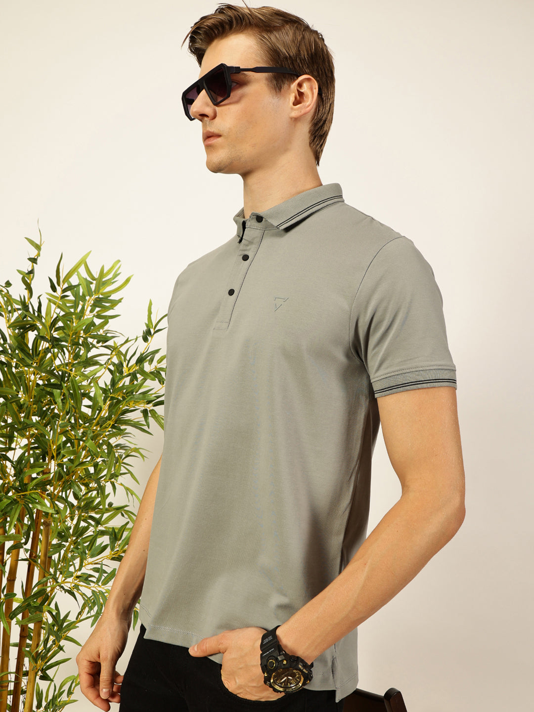 Thomas Scott Men Grey Solid Polo Collar Cotton T-shirt