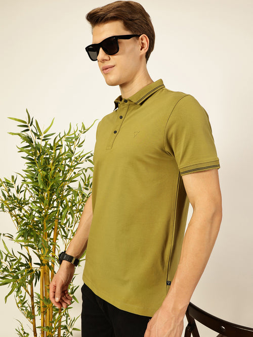Thomas Scott Men Olive Solid Polo Collar Cotton T-shirt