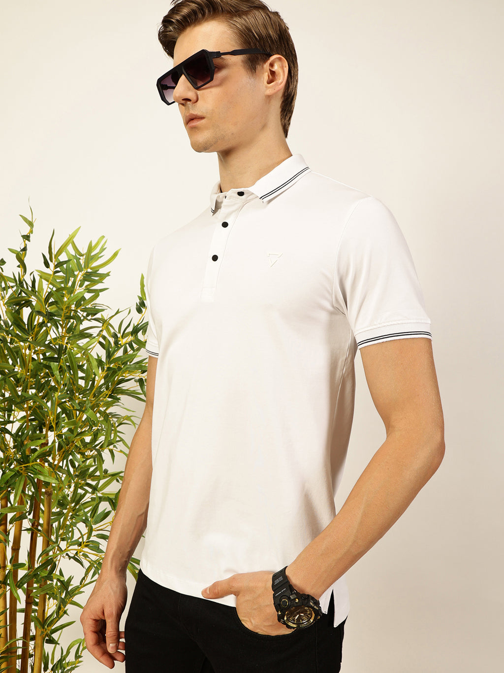 Thomas Scott Men White Solid Polo Collar Cotton T-shirt