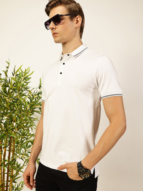 Thomas Scott Men White Solid Polo Collar Cotton T-shirt