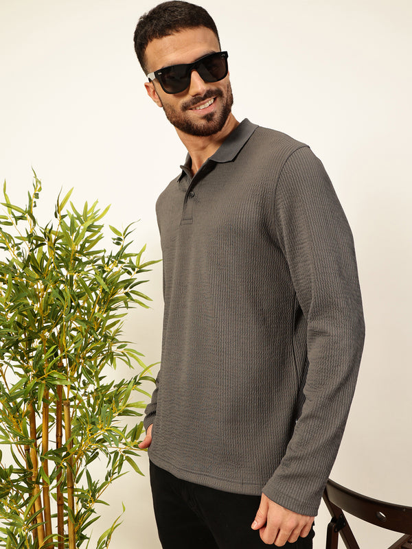 Grey Smart Self Design Polo Full Sleeves Tshirt For Men