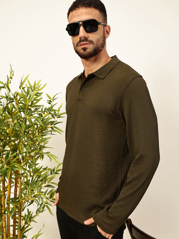 Olive Smart Self Design Polo Full Sleeves Tshirt For Men