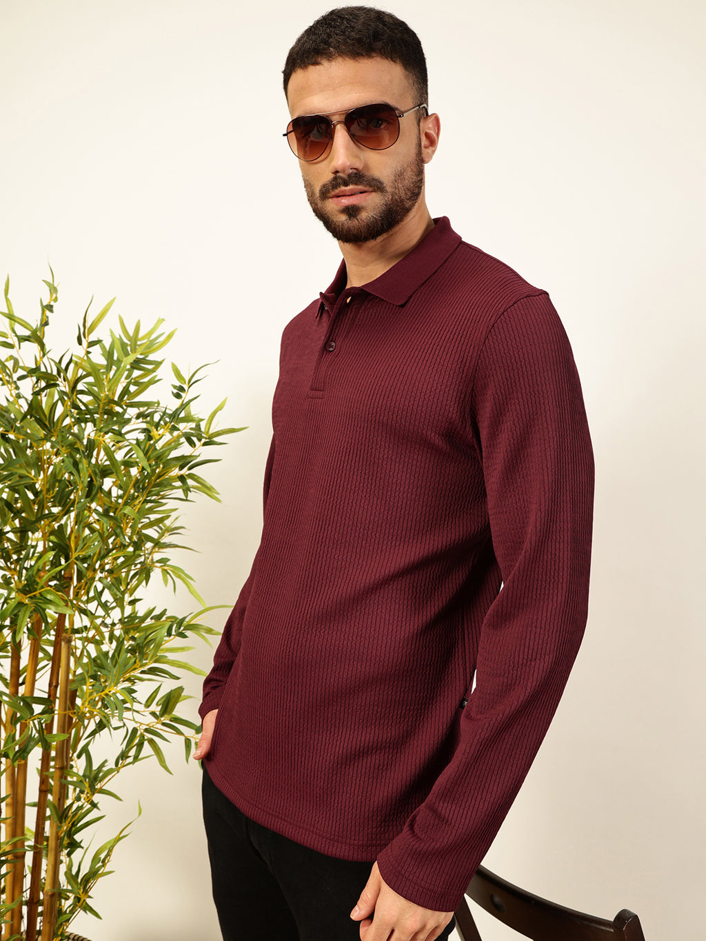 Thomas Scott Men Smart Self Design Polo Full Sleeves T-shirt