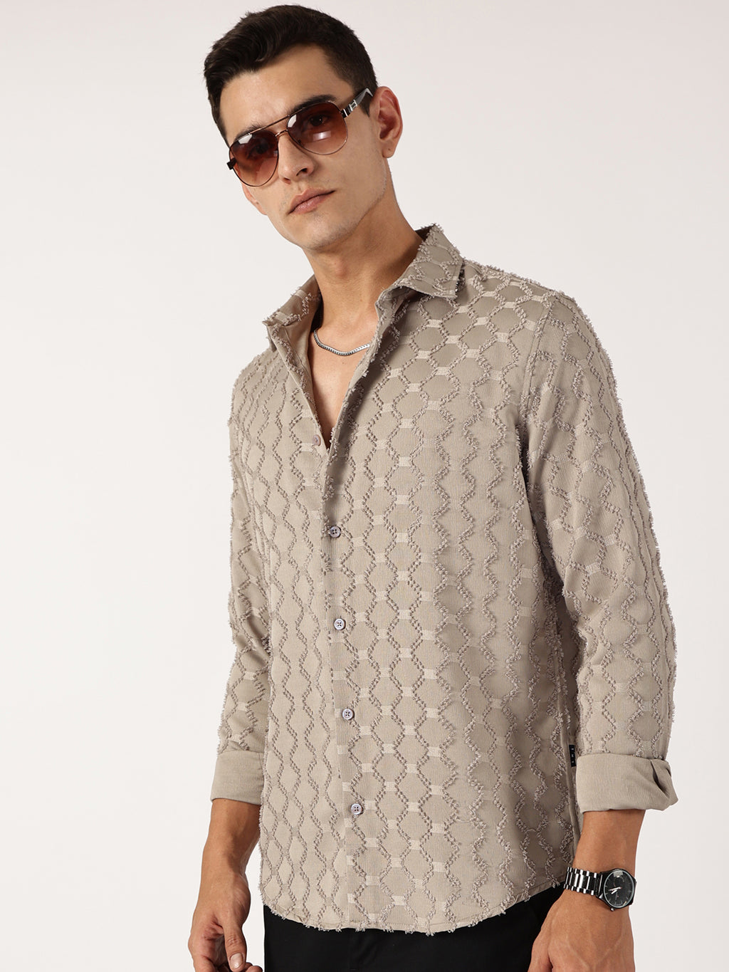 Thomas Scott Men Beige Premium Textured Casual Shirt