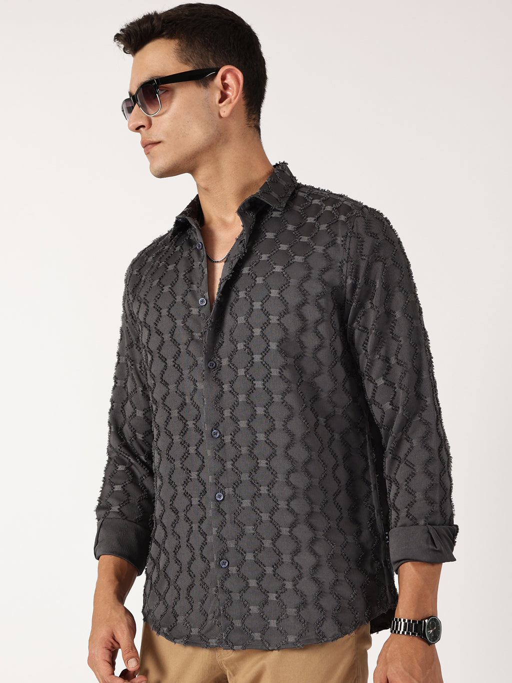 Thomas Scott Men Grey Premium Textured Casual Shirt