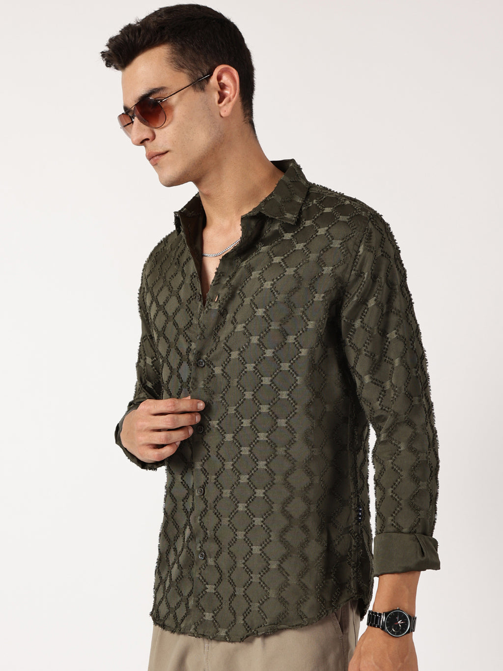 Thomas Scott Men Olive Premium Textured Casual Shirt