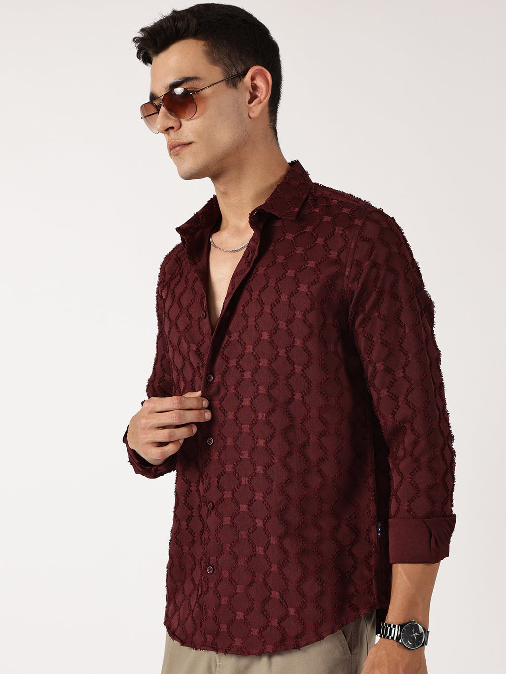 Thomas Scott Men Wine Premium Textured Casual Shirt