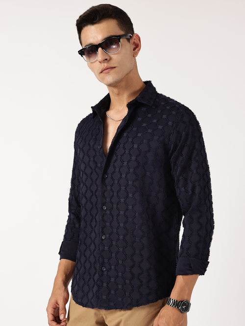 Thomas Scott Men Navy Premium Textured Casual Shirt