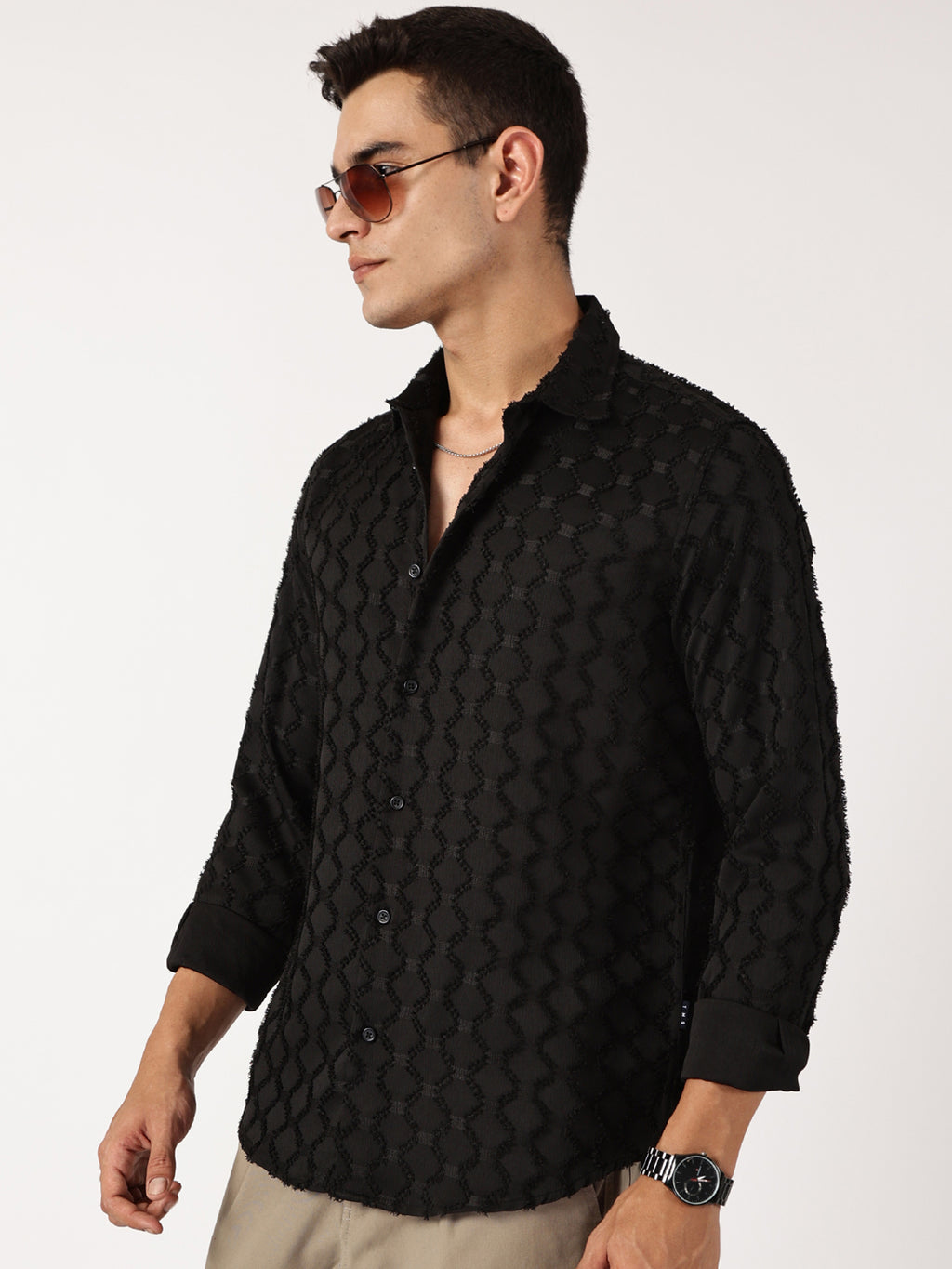Thomas Scott Men Black Premium Textured Casual Shirt