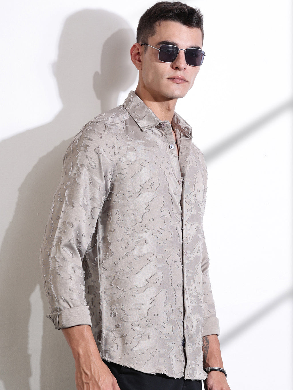Thomas Scott Men Beige Premium Slim Fit Textured Casual Shirt
