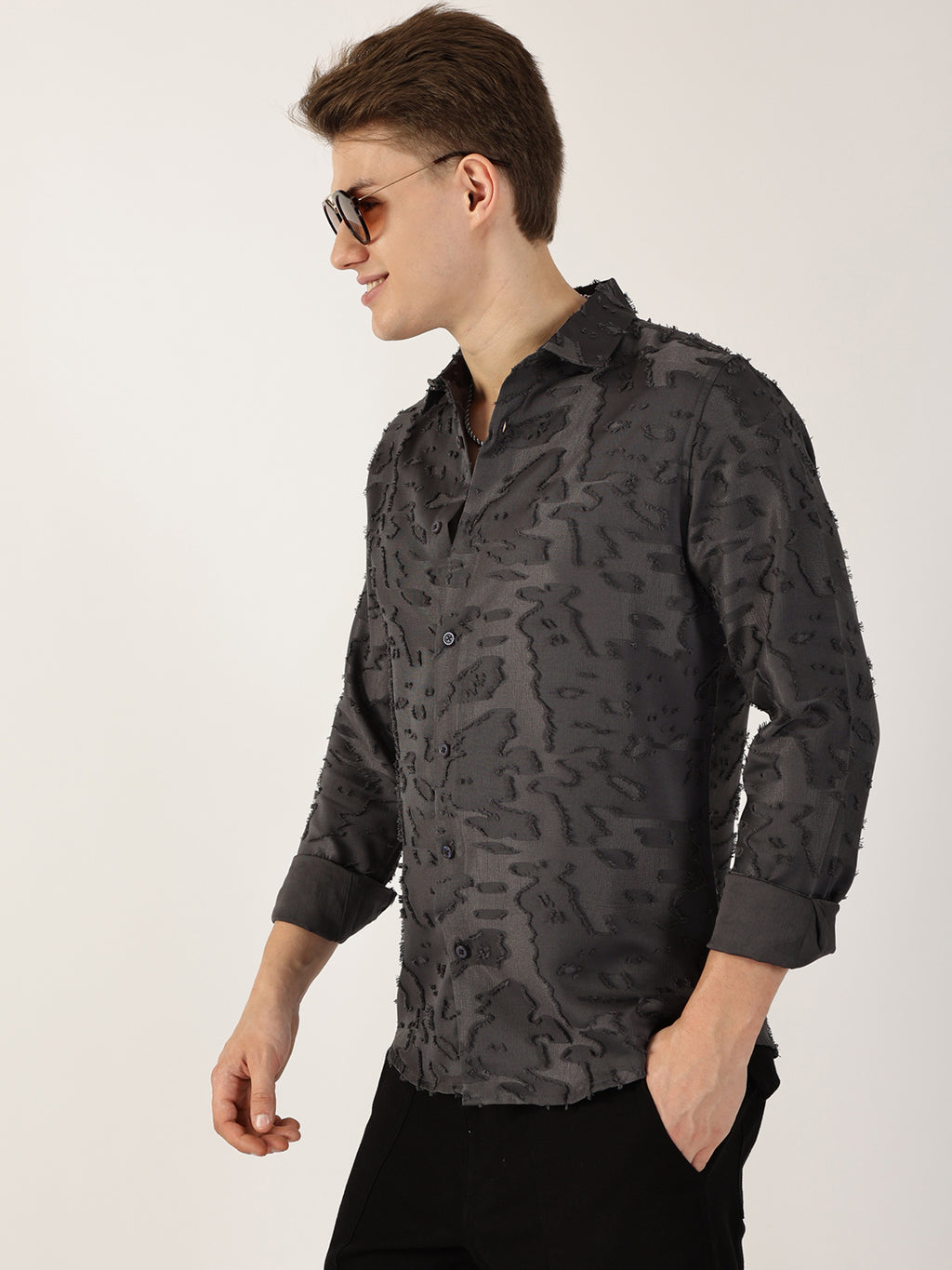 Thomas Scott Men Grey Premium Slim Fit Textured Casual Shirt