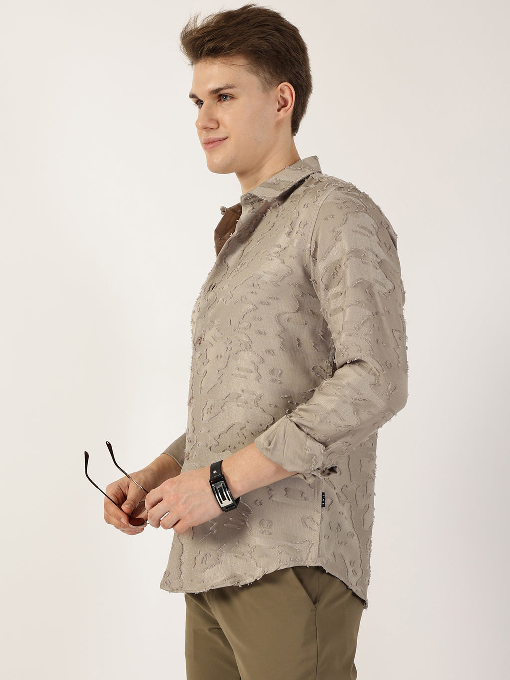 Thomas Scott Men Olive Premium Slim Fit Textured Casual Shirt