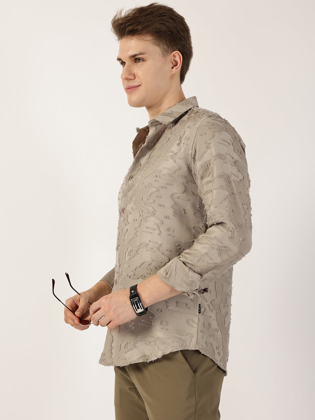Thomas Scott Men Olive Premium Slim Fit Textured Casual Shirt