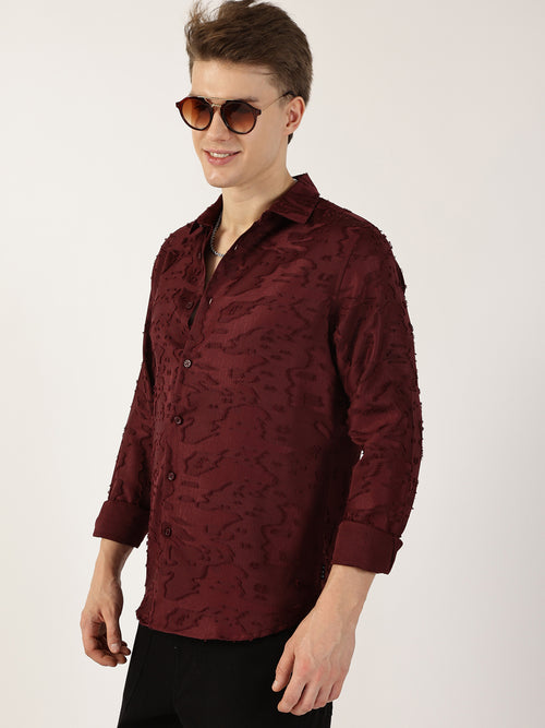 Thomas Scott Men Wine Premium Slim Fit Textured Casual Shirt