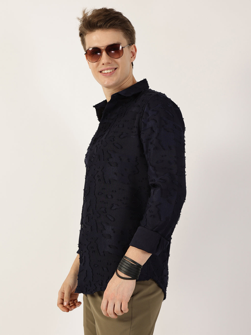 Thomas Scott Men Navy Premium Slim Fit Textured Casual Shirt