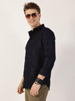Thomas Scott Men Navy Premium Slim Fit Textured Casual Shirt