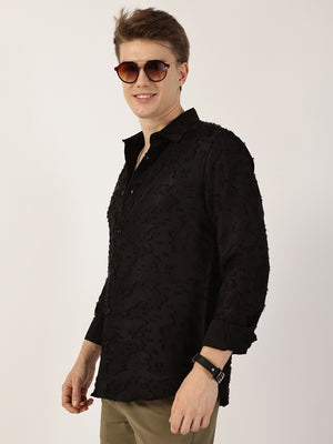 Thomas Scott Men Black Premium Slim Fit Textured Casual Shirt