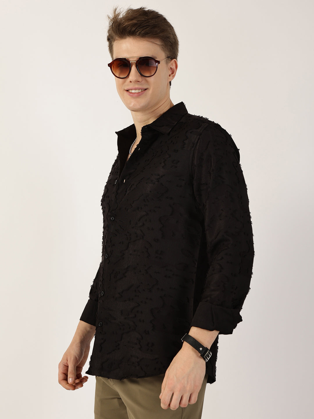 Thomas Scott Men Black Premium Slim Fit Textured Casual Shirt
