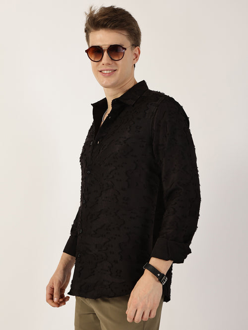 Thomas Scott Men Black Premium Slim Fit Textured Casual Shirt