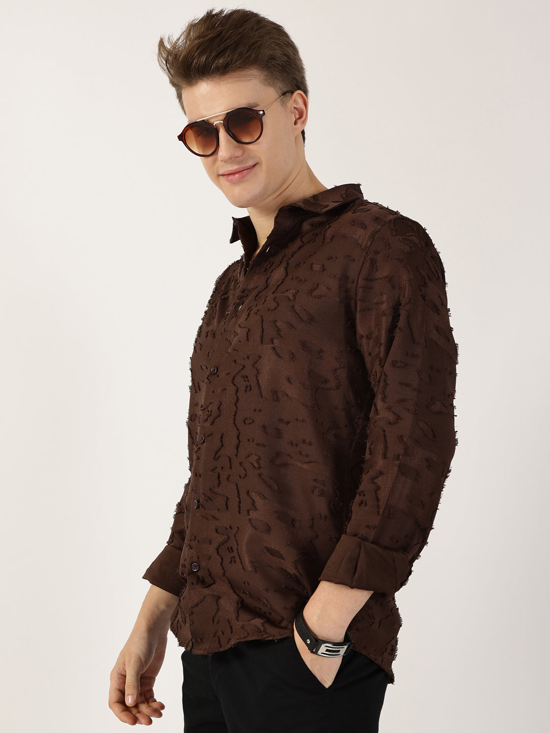 Thomas Scott Men Brown Premium Slim Fit Textured Casual Shirt