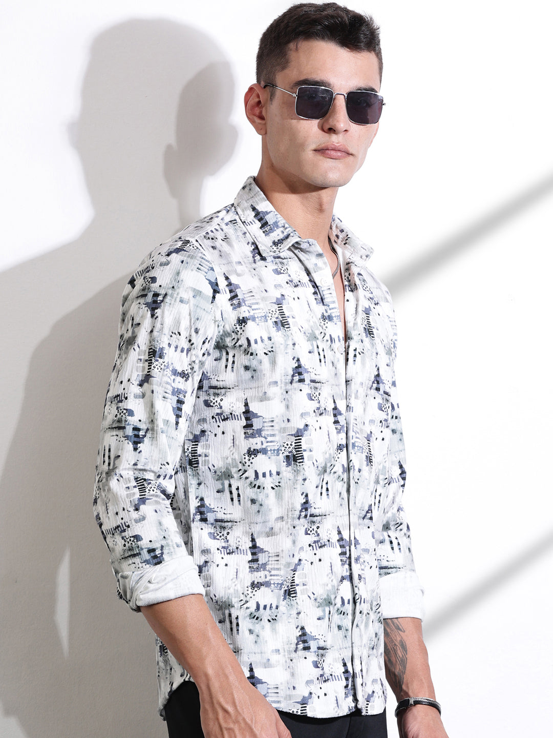 Thomas Scott Men Grey Premium Abstract Printed Casual Shirt