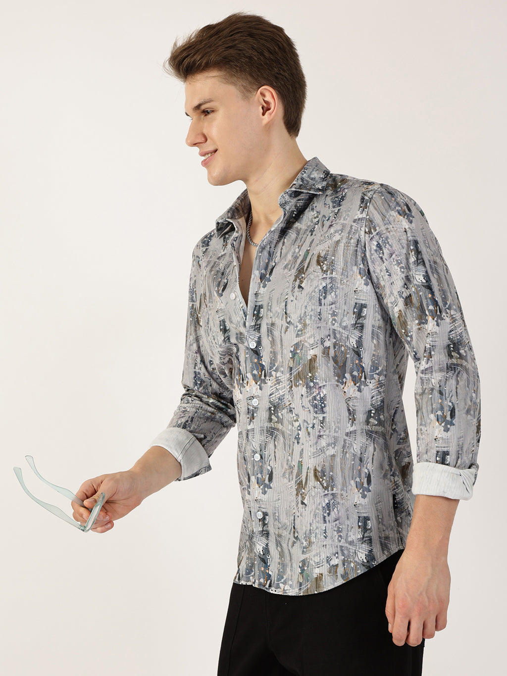Thomas Scott Men Grey Premium Abstract Printed Casual Shirt