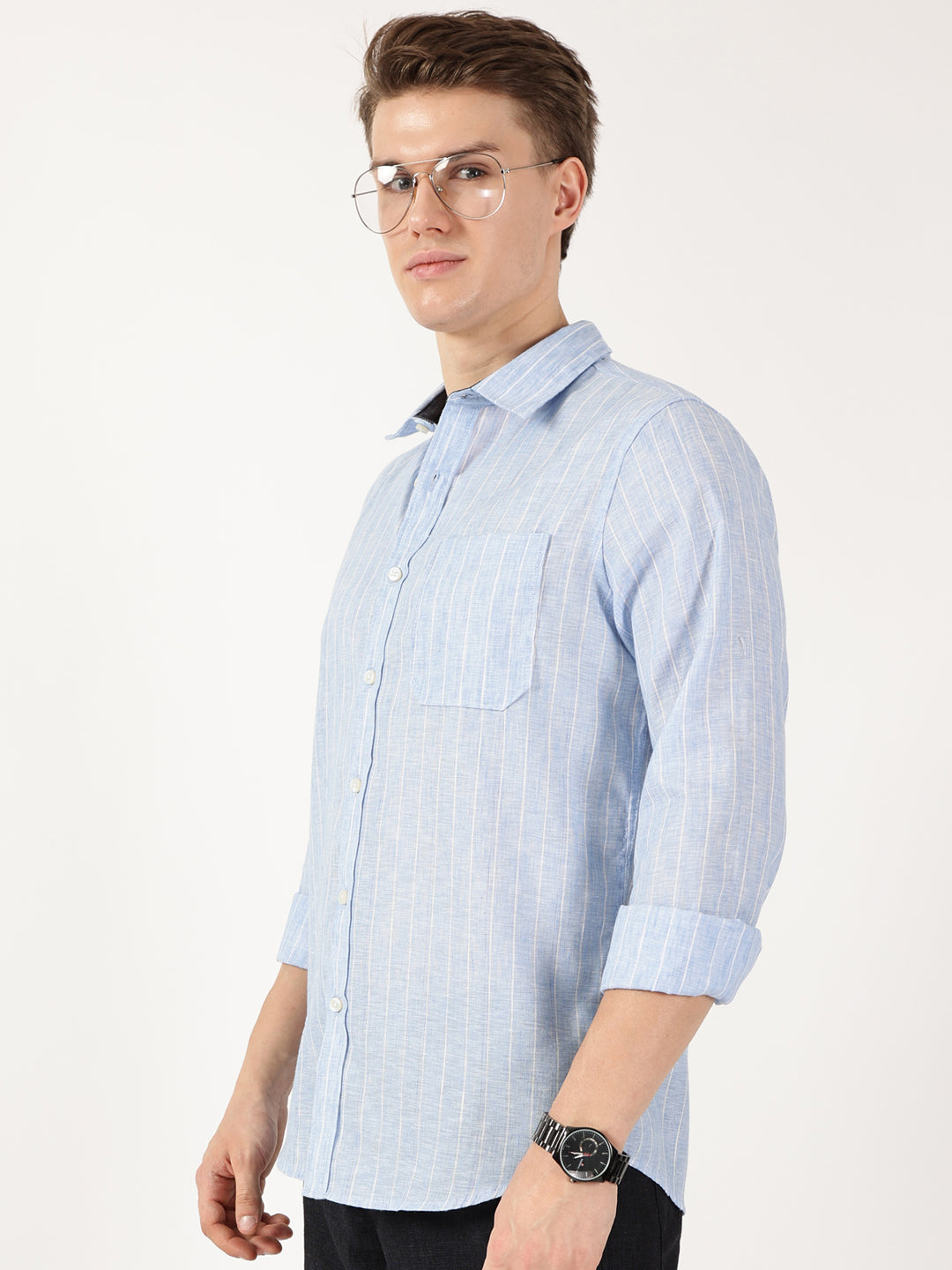 Thomas Scott Men Blue Regular Fit Linen Casual Shirt
