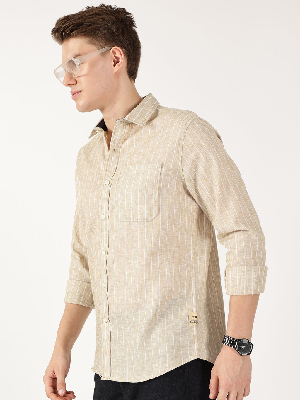 Thomas Scott Men Khaki Regular Fit Linen Casual Shirt