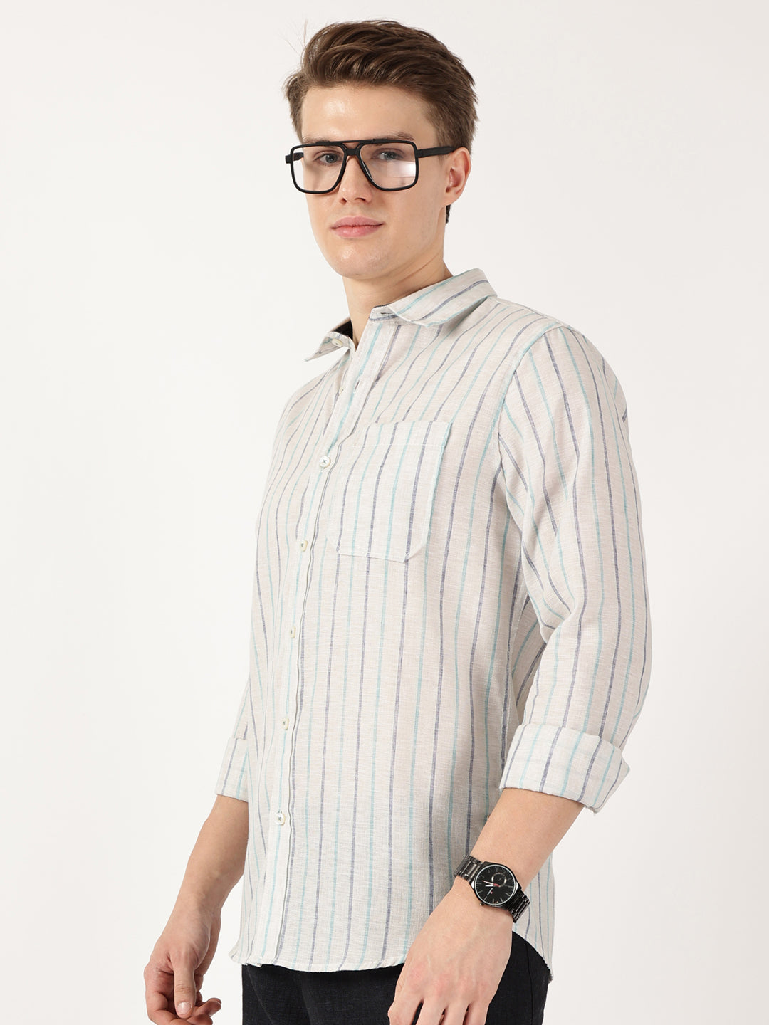 Thomas Scott Men Navy Regular Fit Linen Casual Shirt