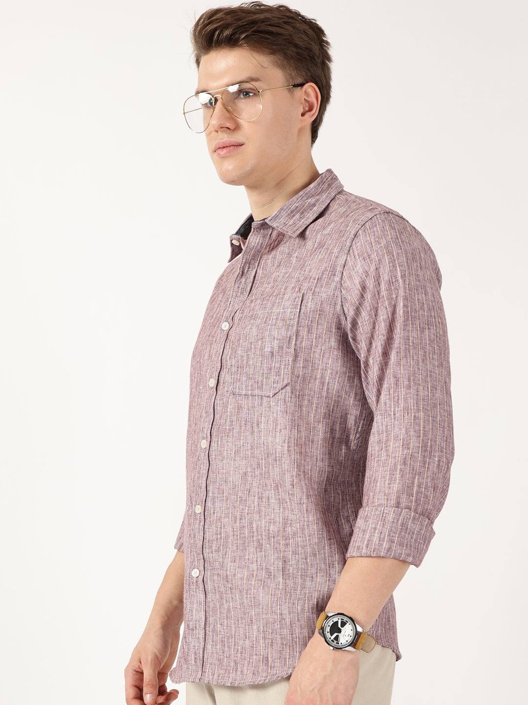Thomas Scott Men Mauve Regular Fit Linen Casual Shirt