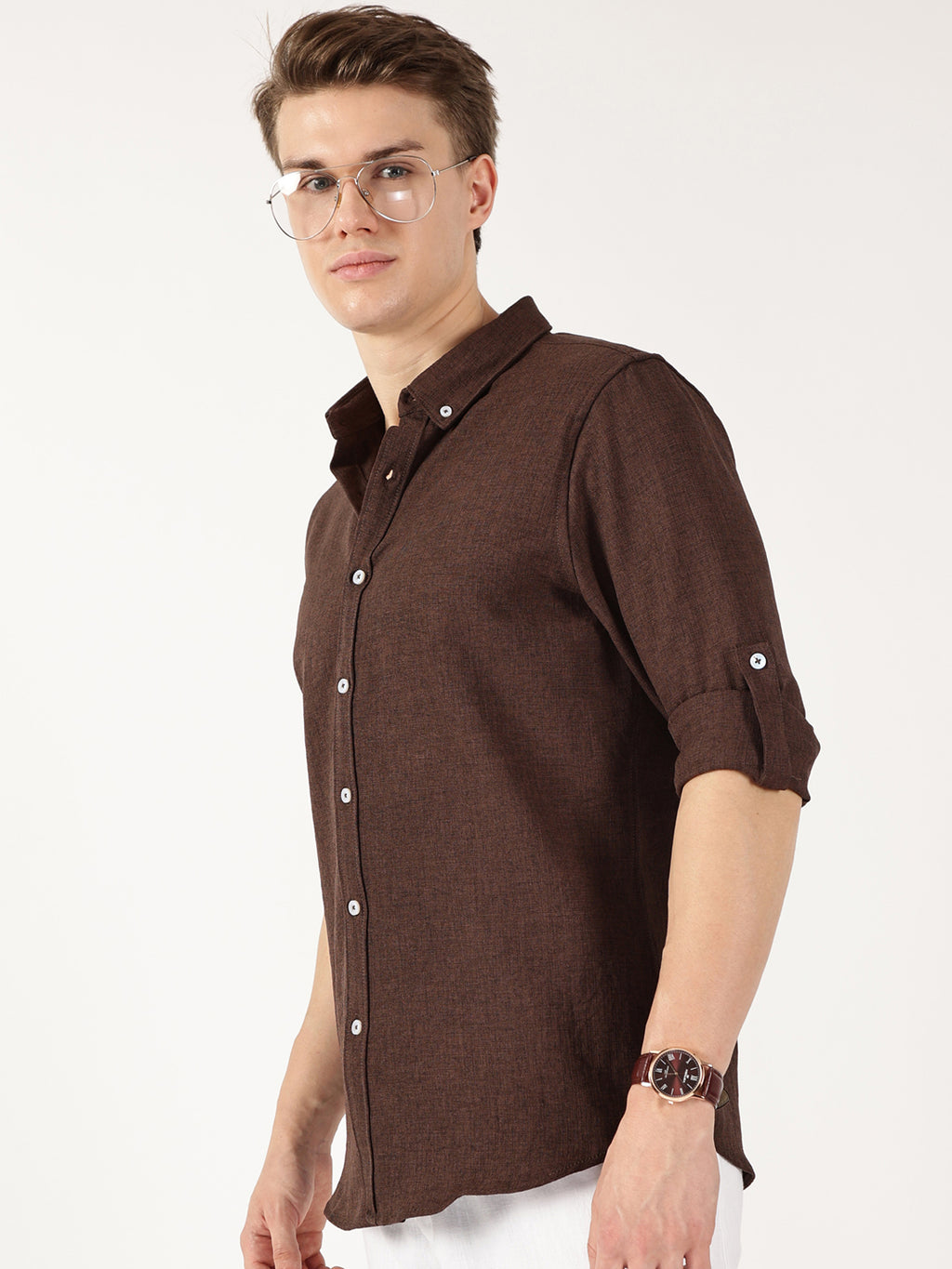 Thomas Scott Men Brown Slim Fit Long Sleeves Button-Down Collar Polyester Casual Shirt