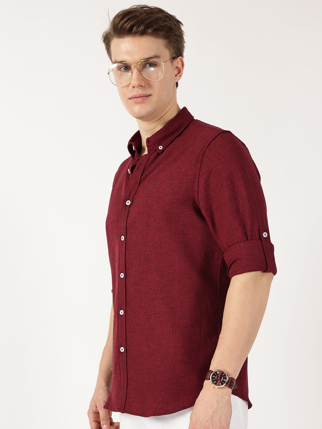 Thomas Scott Men Maroon Slim Fit Long Sleeves Button-Down Collar Polyester Casual Shirt