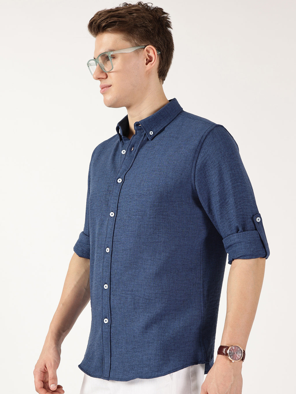 Thomas Scott Men Midnight Blue Slim Fit Long Sleeves Button-Down Collar Polyester Casual Shirt