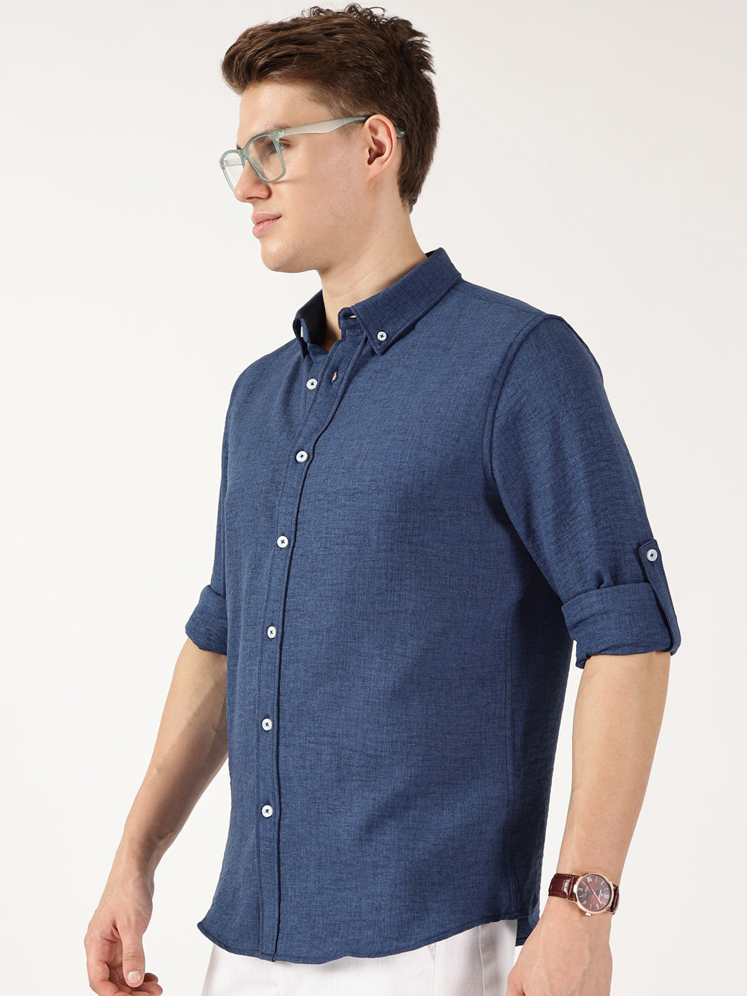 Thomas Scott Men Midnight Blue Slim Fit Long Sleeves Button-Down Collar Polyester Casual Shirt