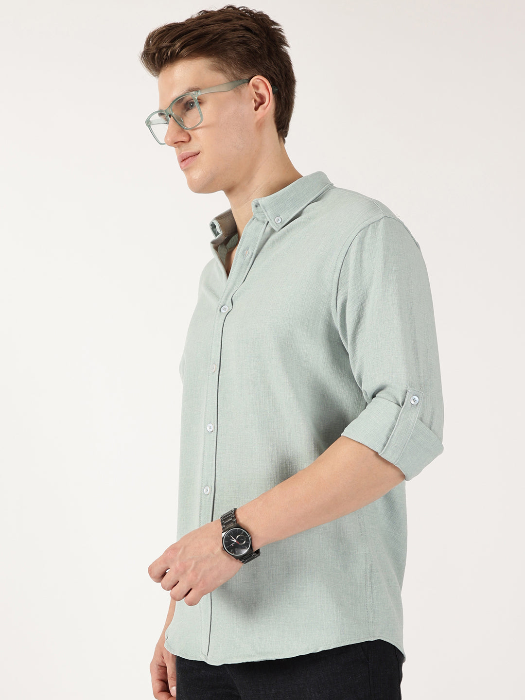 Thomas Scott Men Olive Slim Fit Long Sleeves Button-Down Collar Polyester Casual Shirt