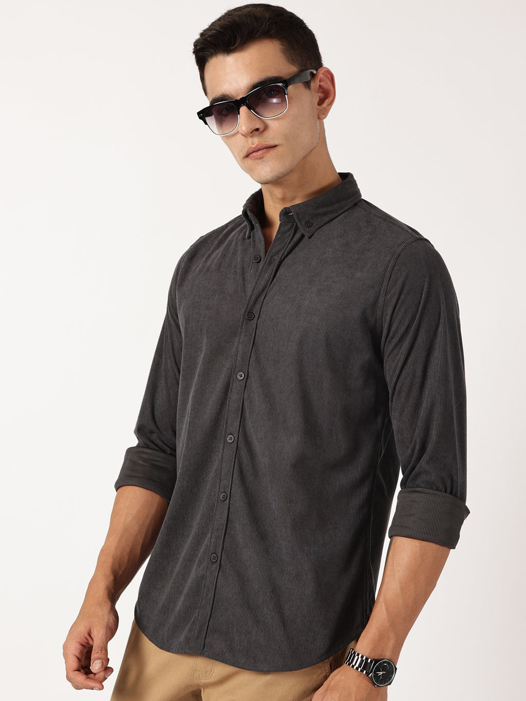 Thomas Scott Men Dark Grey Premium Slim Fit Corduroy Casual Shirt